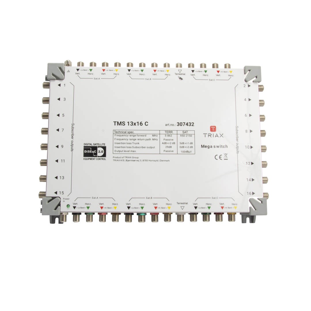 riax Multiswitch 13x16 – 1 Terrestrial + 12 Satellite Inputs (3 Satellites, 4 Polarities Each)