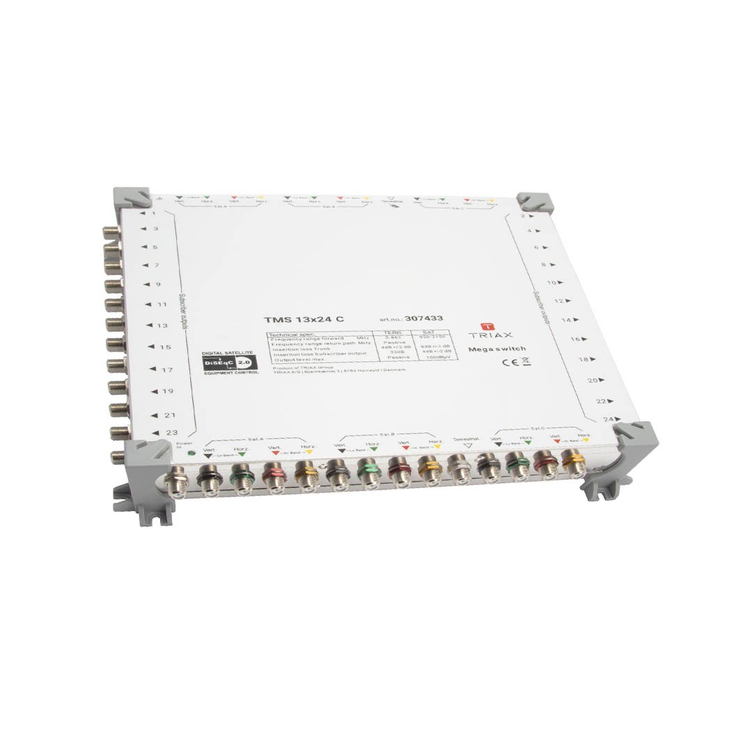 Triax Multiswitch 13x24 – 1 Terrestrial + 12 Satellite Inputs (3 Satellites, 4 Polarities Each)